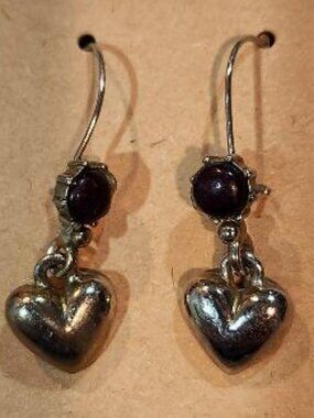 Vintage Style Silver Toned Heart and Faux Garnet Dangle Earrings